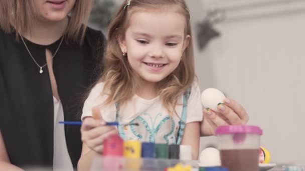 Mum Together Daughter Painting Eggs Gouache Using Brush Small Girl — Stok Video