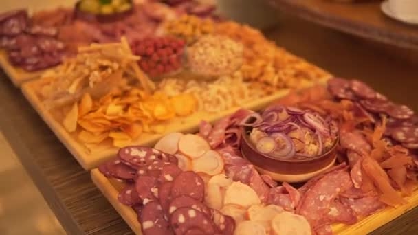 Close Video Festive Snacks Beer Buffet Different Assortment Meat Dried — Stock Video