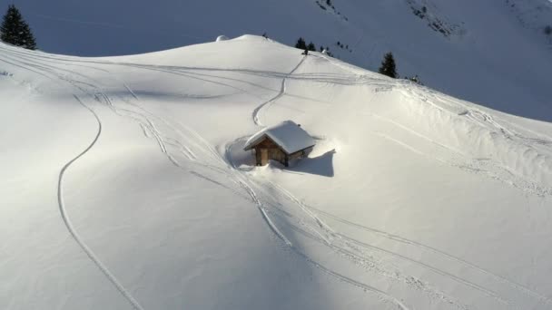 Aerial View Panning Remote Snow Covered Mountain Hut Winter French — Video