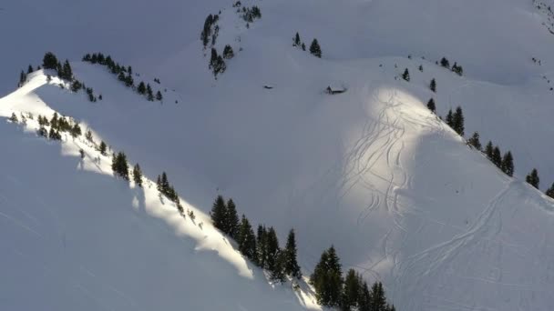 空中の景色 退屈な光で冬にフランスアルプスの山小屋に向かって雪の谷を飛んで — ストック動画