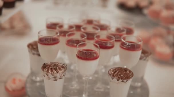Close Video Sweet Creamy Delicious Desserts Panna Cotta Various Toppings — Wideo stockowe