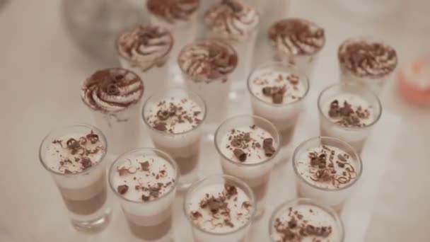 Close Video Soft Desserts Tiramisu Taste Whipped Cream Top Plastic — стоковое видео
