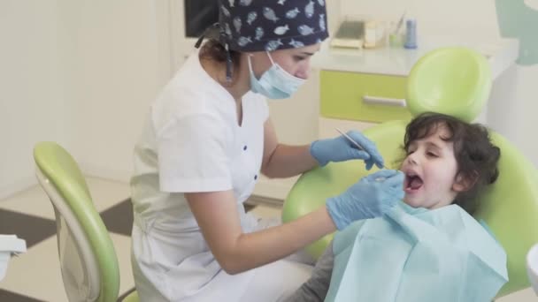 Little Brunette Girl Sits Chair Mouth Wide Open While Dentist — 비디오