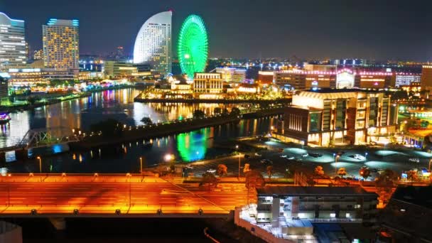 Time Lapse Yokohama Beautifully Illuminated Night Green Ferris Wheel — Video