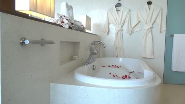 Romantic Hotel Bathroom Decorated Red Rose Petals — 图库视频影像