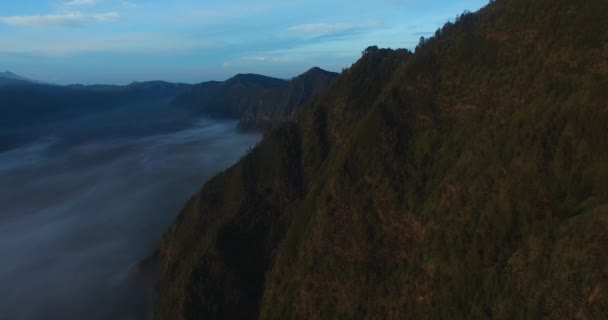 Drone Shot Bromo Mountains Sea Clouds Bottom Sunrise — Stock video