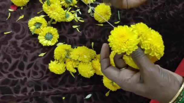 Beautiful Fresh Yellow Marigold Flowers Tying Thread Close Each Other — Vídeos de Stock