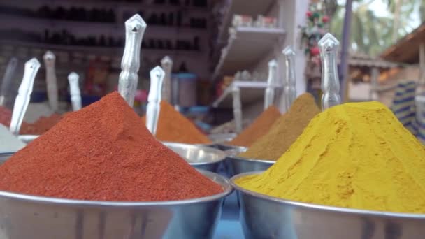Close Overview Lots Vibrant Colourful Herb Spice Powders Outdoor Store — Stockvideo