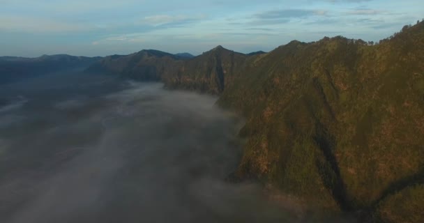 Drone Shot Bromo Mountains Sea Clouds Bottom Sunrise — Stockvideo