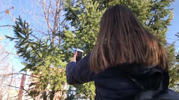Slowmo Young Girl Taking Selfies Smartphone Using Front Camera City — Video Stock