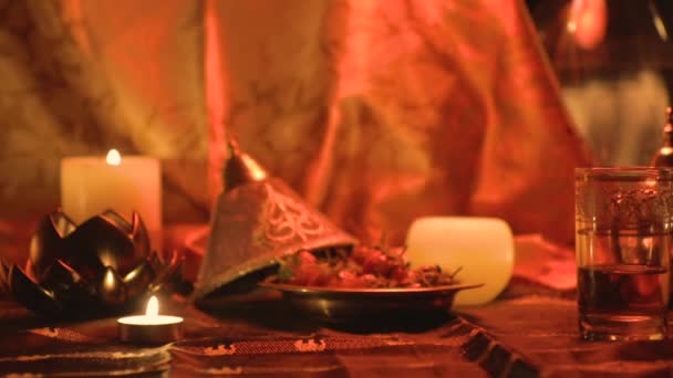 Romantic Scene Candle Lit Moroccan Theme Foreground Soft Focus Sliding — 图库视频影像