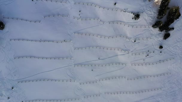 공중에서 내려다볼 겨울에 프랑스 알프스산맥의 눈사태 장벽을 내려가는 — 비디오