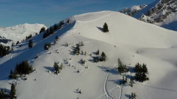Widok Powietrza Wznoszący Się Nad Pokrytym Śniegiem Szczytem Góry Aby — Wideo stockowe