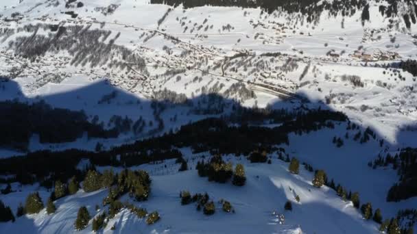 Aerial View Tilting Mountain Valley See Avalanche Barriers Mountain Top — Stock Video