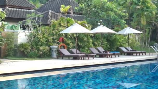Panning Shot Deck Chairs Umbrellas Poolside Tropical Resort — Vídeo de Stock