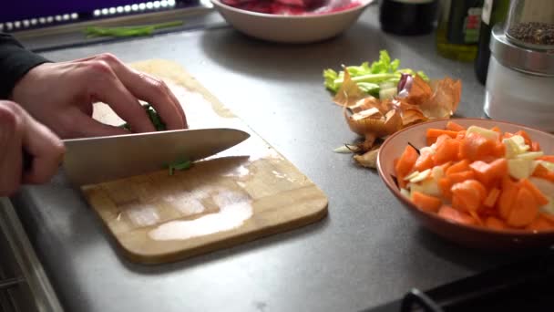 Man Chef Preparing Meal Counter Good Job Human Health Proper — Stockvideo