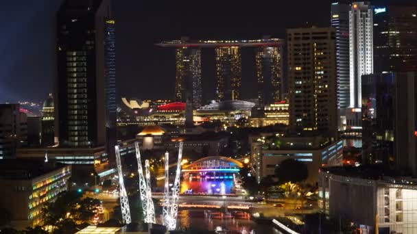 Singapore City Quay Area Cityscape Night Timelapse Traffic Boats Hotels — стокове відео