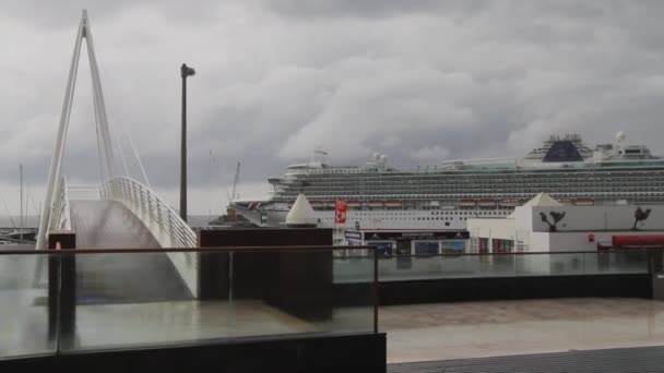 Large Cruise Ship Entering Port Ponta Delgada Sao Miguel Island — стокове відео