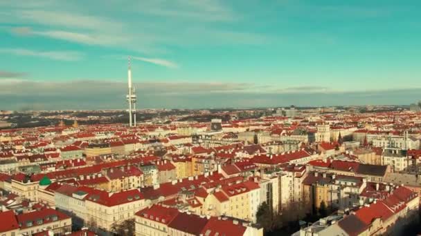 Prague Tower Drone Flight Sunny Houses — Stock Video