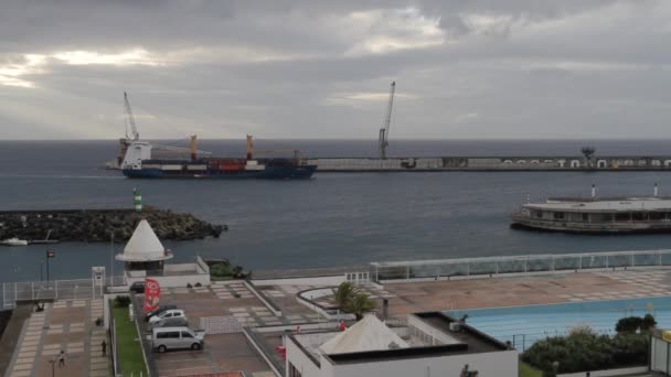 Large Cargo Ship Entering Ponta Delgada Port Island Sao Miguel — Αρχείο Βίντεο