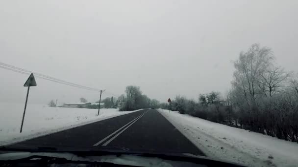 Pov Voertuig Rijden Platteland Natte Weg Winter Landschap Sneeuw Bos — Stockvideo