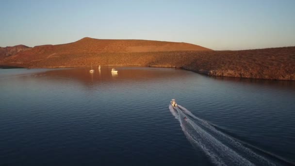 日没の穏やかな湾 コルテス海 カリフォルニア スールの小さなボートによるインフレータブル タワブル プルの空中ドローン ショット — ストック動画