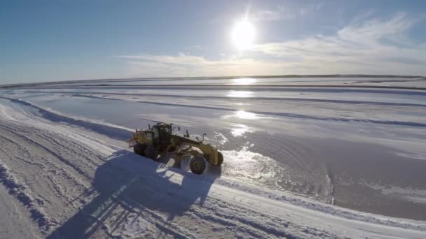 Aerial Drone Shot Traktor Separating Salt Harvested Salt Flats Solar — Stock Video
