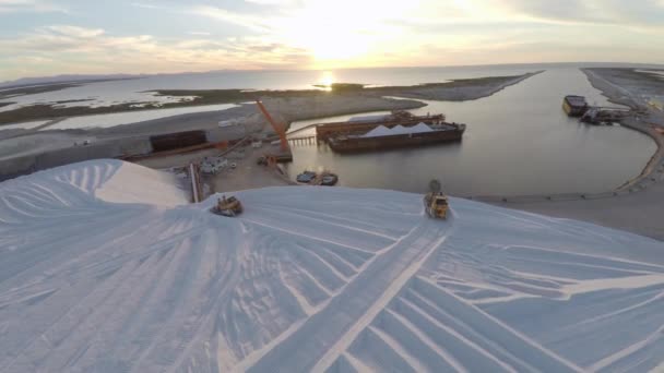 Aerial Shot Tractors Working Large Salt Deposit Salt Flats Solar — Stock Video