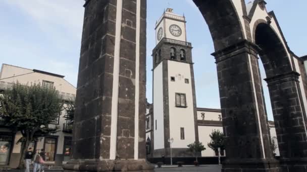 Central Square Ponta Delgada City Clock Background Sao Miguel Island — Vídeos de Stock