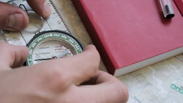 Hiker Setting Compass Map — Vídeos de Stock