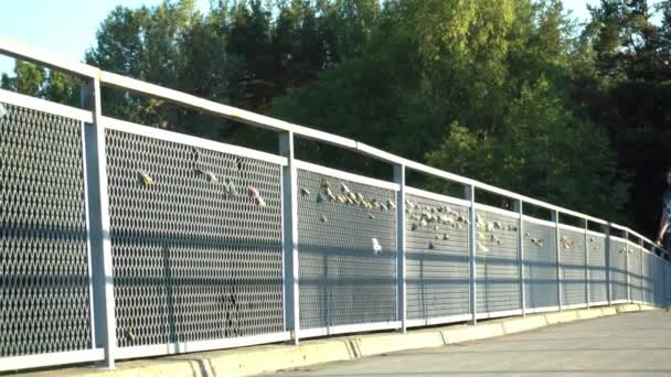 Young Man Skating Longboard Bridge Locks Having Fun — Stock video