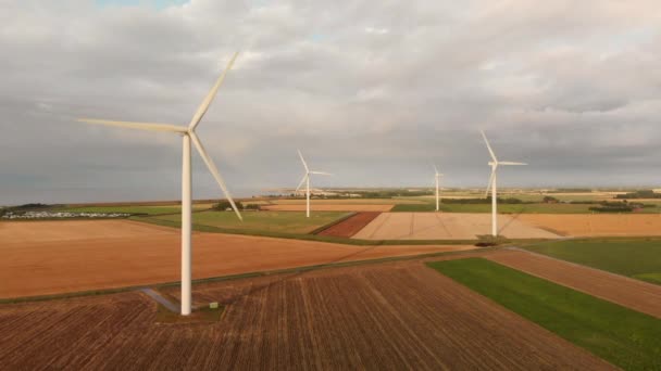 Windturbines Sunset South West Netherlands Dynamic Aerial Shots Sun Light — Stock Video