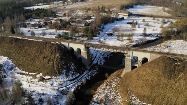 Flying Biggest Train Bridge Baltic States Winter Camera Panning Right — Stock Video