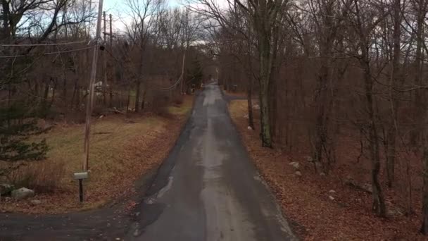 Drone Sobrevuela Camino Rural Bosque Como Coche Pasa Por Debajo — Vídeos de Stock