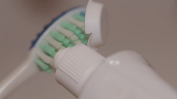 Detail Shot Toothpaste Being Put Toothbrush — Stock Video