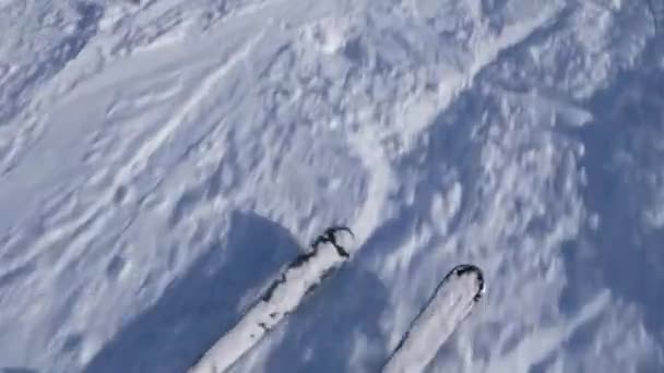 Sicht Des Skifahrers Auf Den Frischen Powder Der Kleine Schwünge — Stockvideo