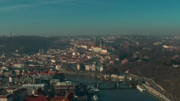 Drone Flight Prague Vlatava River Showing Bridges Castle Park Buildings — Stock Video