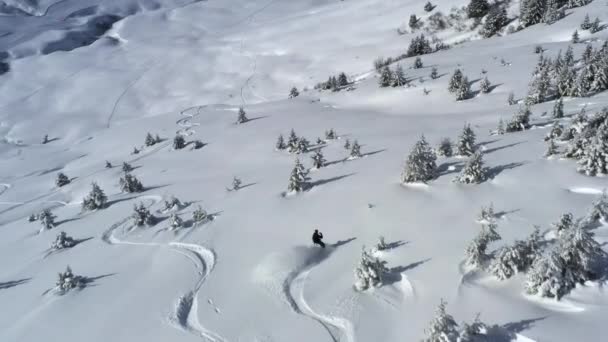 Vista Aérea Que Segue Snowboarder Cima Fora Piste Neve Fresca — Vídeo de Stock