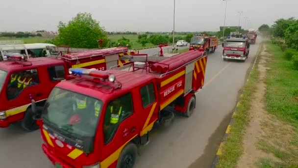 Aerial View Fire Brigades Convoy Road Clean Green Environment Covered — Stock Video