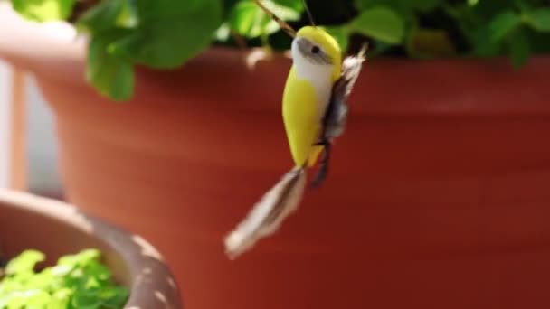 Pássaro Brinquedo Vasos Flores Batendo Asas Pequeno Pássaro Brinquedo — Vídeo de Stock