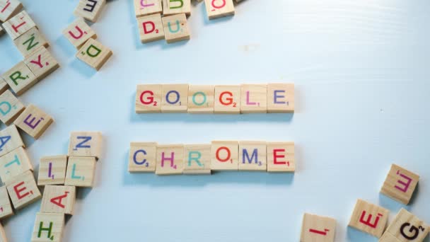 Person Spelling Google Chrome Table Scattered Wooden Letters Bluish White — Stok video