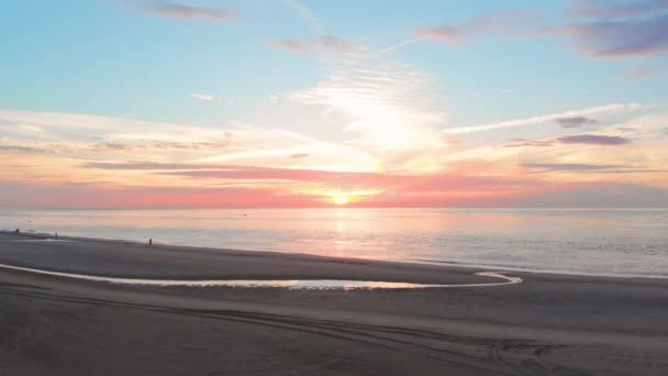 Calm Low Tide Beach Stormsurge Barrier South West Netherlands Sunset — стокове відео