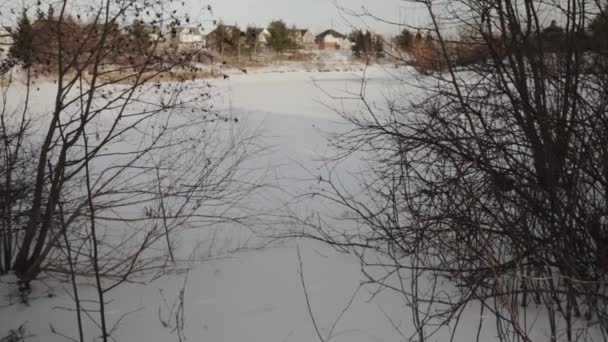 Στιγμιαία Βολή Μιας Παγωμένης Λίμνης Που Αποκαλύπτει Μια Προαστιακή Γειτονιά — Αρχείο Βίντεο