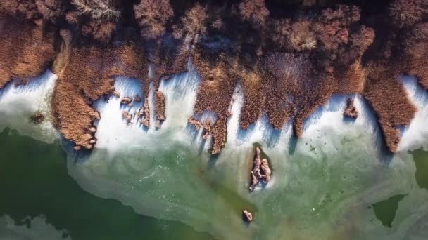 Aerial Landscape Forward Shot Barely Frozen Lake Reeds Szcsi Hungary — стокове відео