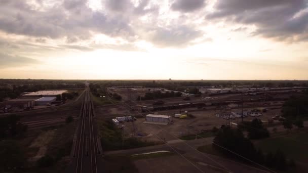 Aerial Railroad Yard Sunset — Vídeos de Stock