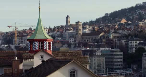 Small Red Tower Smoking Chimneys Zurich City Bird Swarm Flying — Wideo stockowe