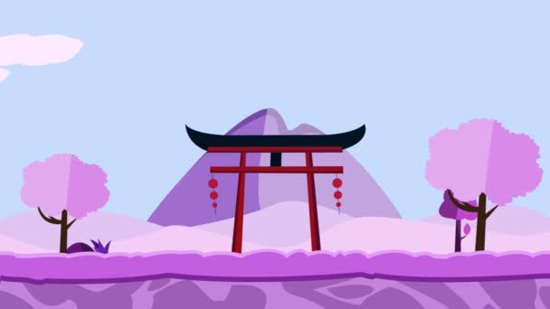 Animation Tecknad Platt Stil Japansk Landskap Med Körsbärsträd Torii Och — Stockvideo