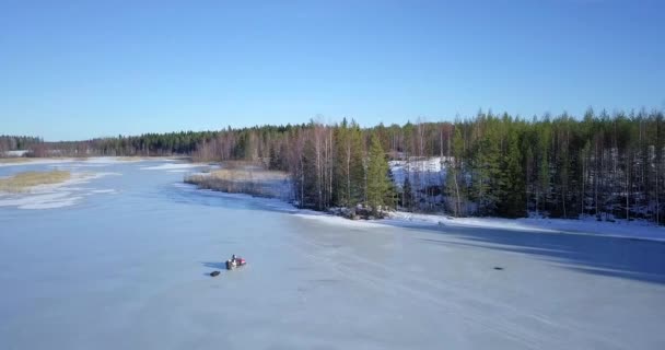 Snow Motor Sled Frozen Lake Blank Ice Aerial View — Stock Video