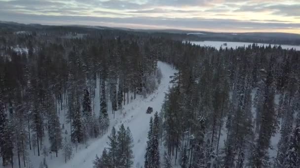 Cars Driving Snow Covered Landscape Kuusamo Finland Aerial Footage Shot — Stock video