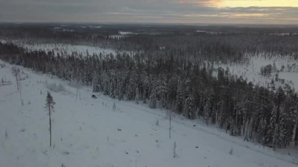Cars Driving Snow Covered Landscape Kuusamo Finland Aerial Footage Shot — 图库视频影像